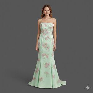 Studio 17 Mint Green Mermaid Cut Dress with Pink Floral Embroidery